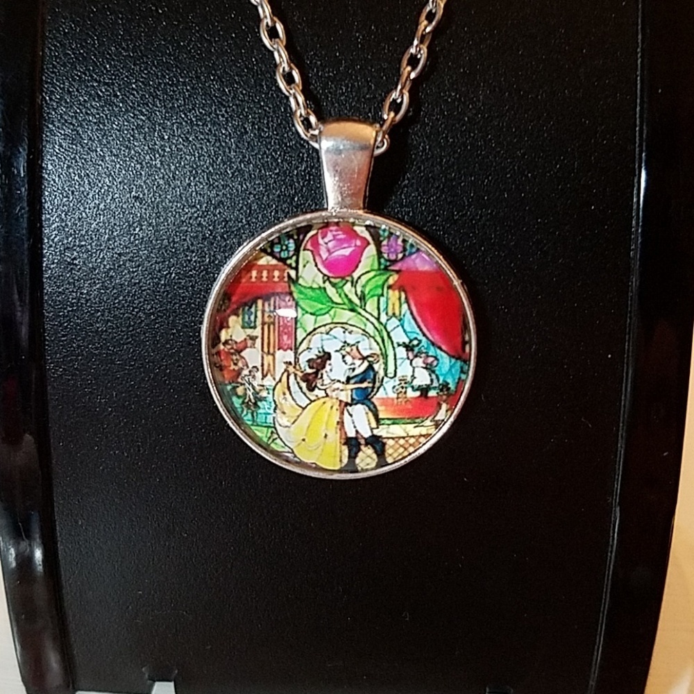 Disney Beauty & The Beast Cabochon 18" Silver Tone Necklace